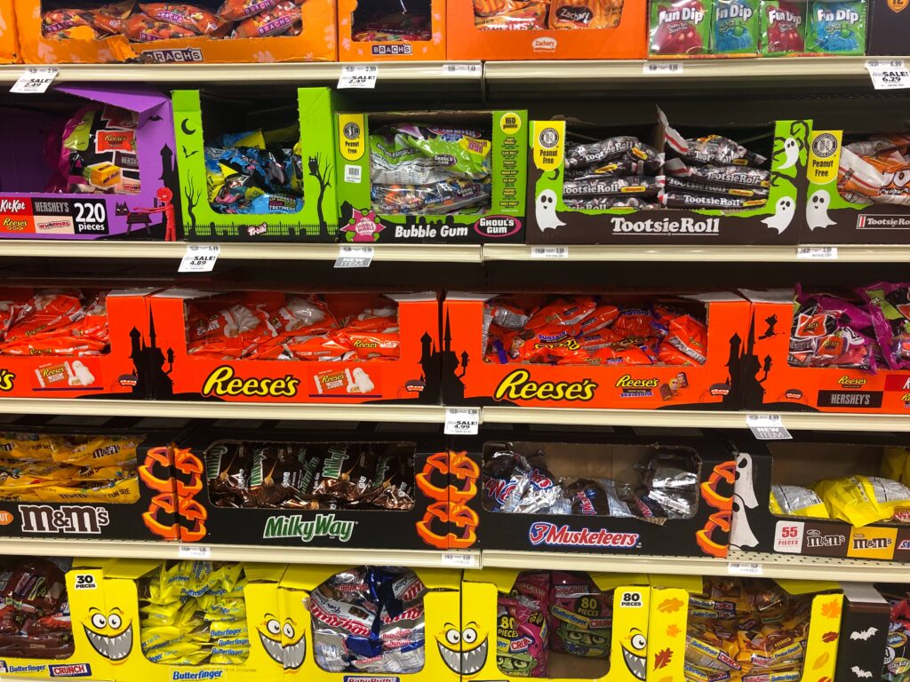Halloween candy on store shelves; a specific candy product has been recalled over an undeclared allergen
