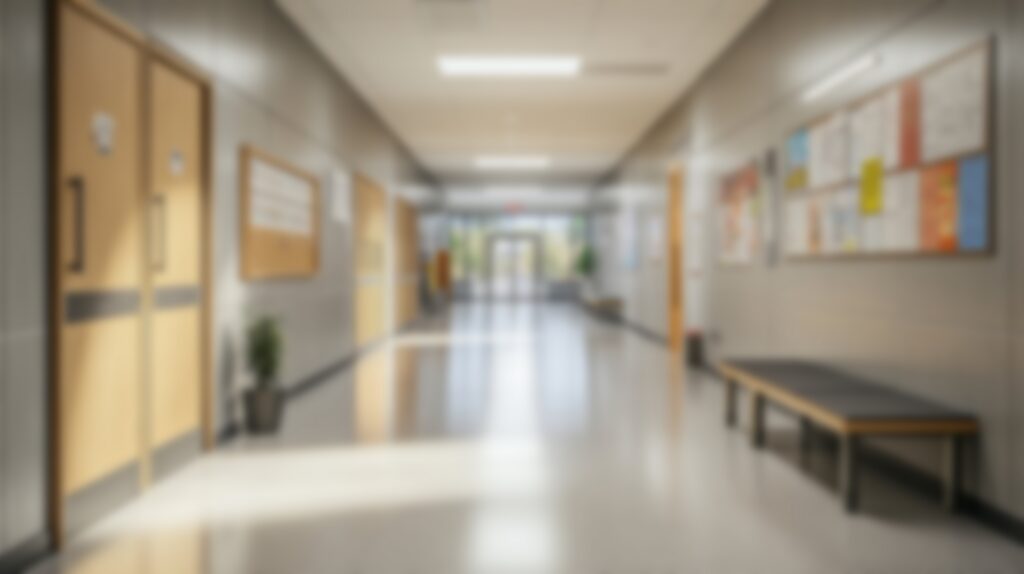 A blurred school hallway, evoking the sudden closure of Hardyston Elementary School due to mold found throughout the building