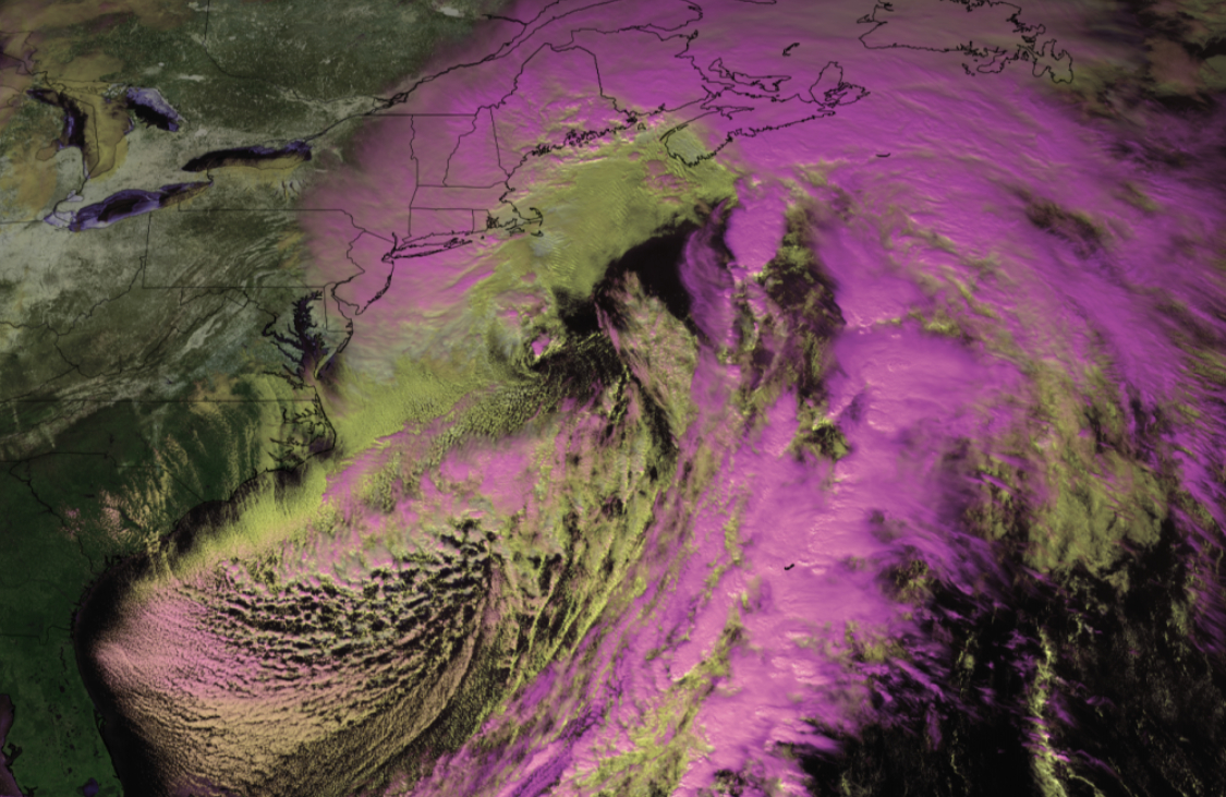 satellite imagery shows purple radar tracking a 2022 nor'easter in the northeast region