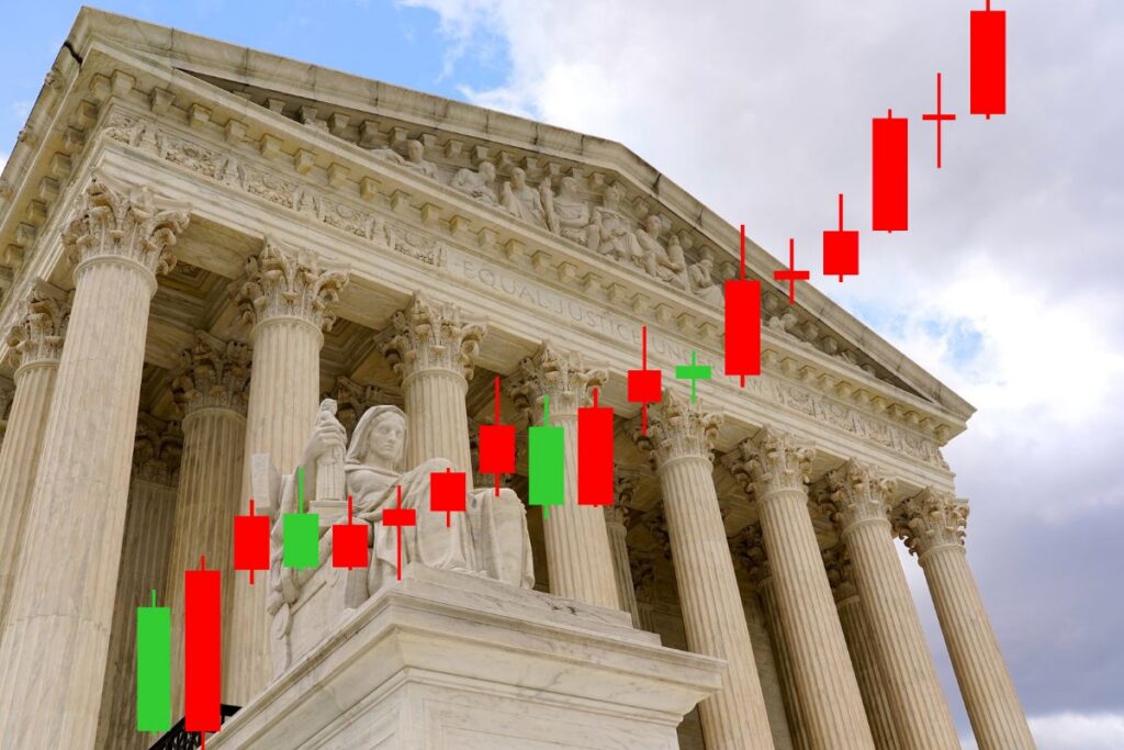 The U.S. Supreme Court building overlaid with a financial trading chart, representing New Jersey's petition over prediction market regulation