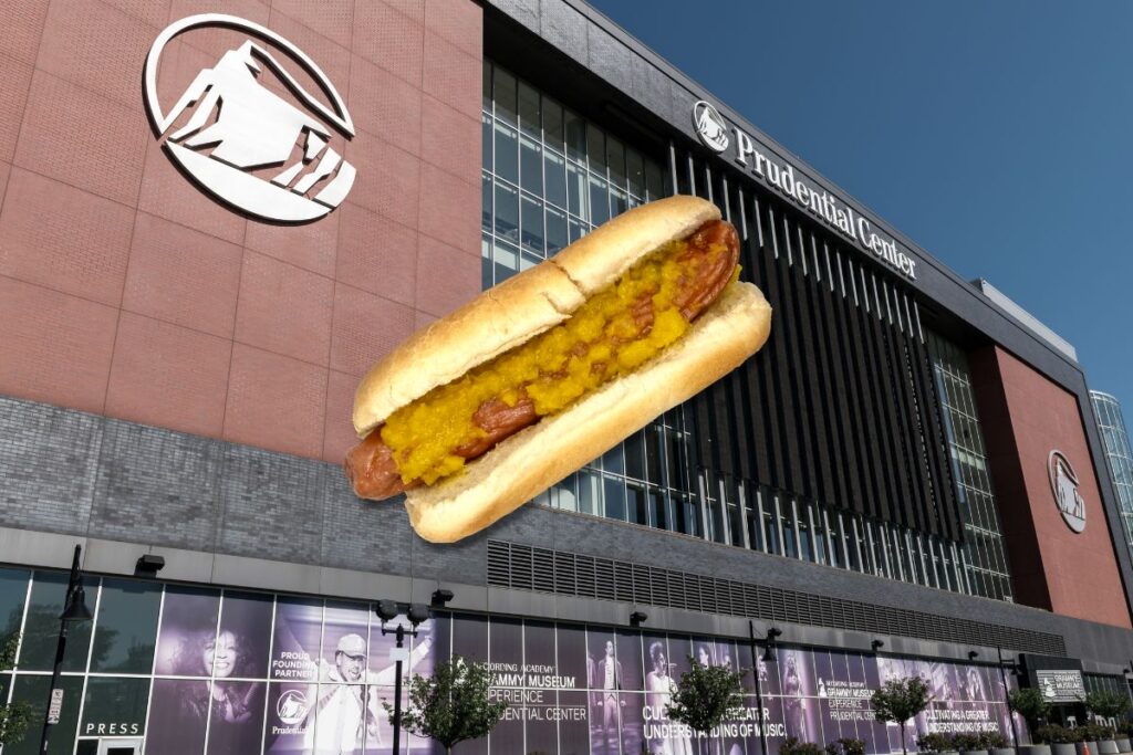 A ripper hot dog with cabbage relish from Rutt's Hut floating over an image of the Prudential Center