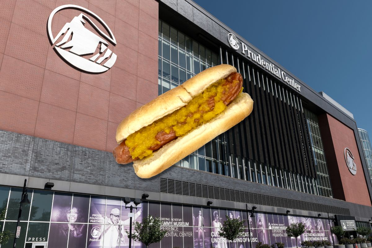 A ripper hot dog with cabbage relish from Rutt's Hut floating over an image of the Prudential Center