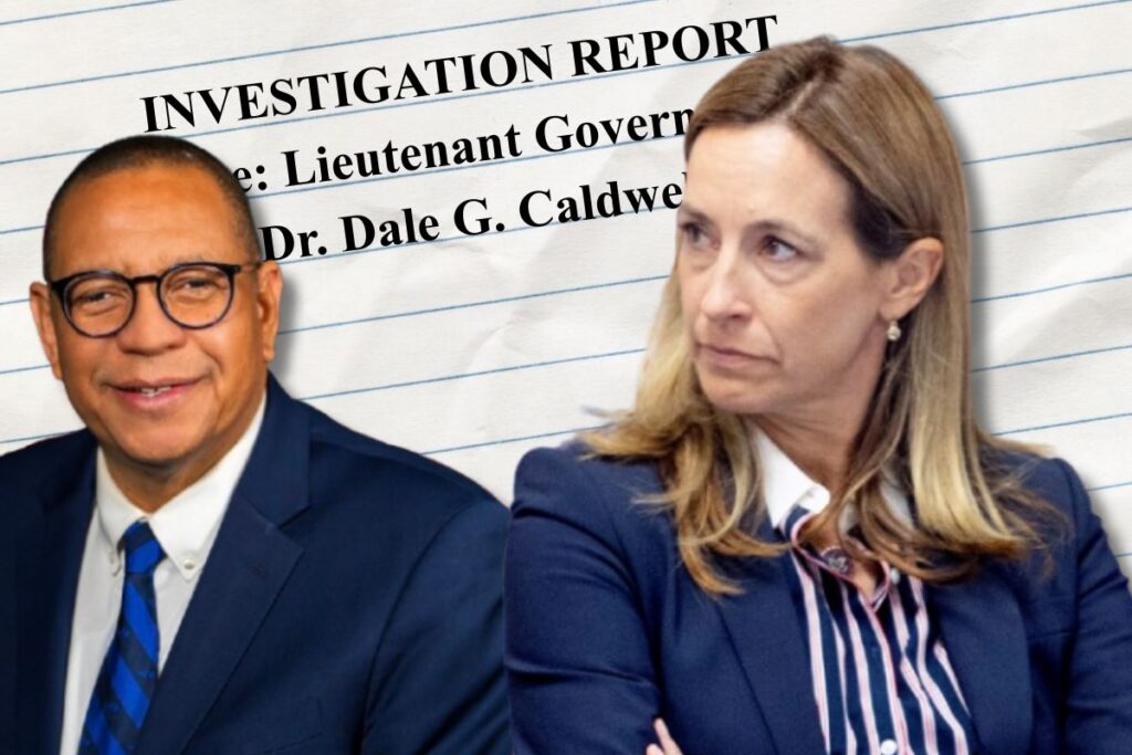 Custom graphic featuring Gov. Mikie Sherrill and Lt. Gov. Dale Caldwell over an investigative report into misconduct claims