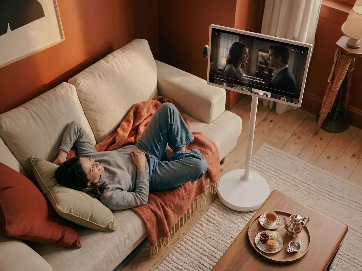 Apolosign portable tv in front of couch