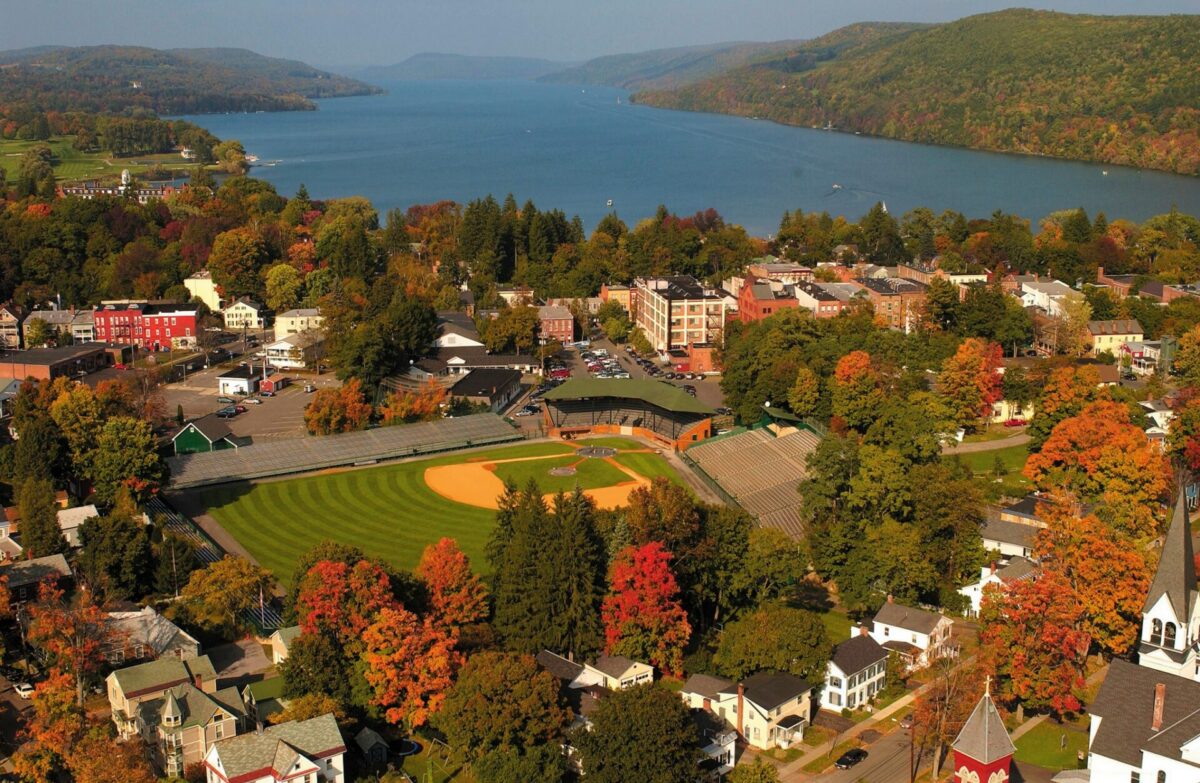 an aerial view of a baseball field in Cooperstown during the fall