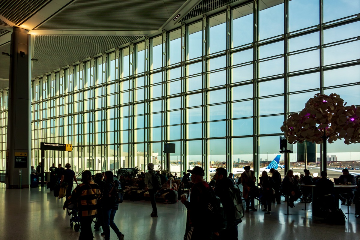 Passengers waiting at a gate inside Newark Liberty International Airport terminal in New Jersey