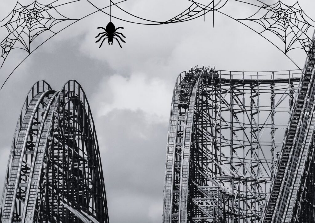 El Toro roller coaster at Six Flags Great Adventure in Jackson, NJ in black and white with spider webs coming down from the top, fright fest depiction